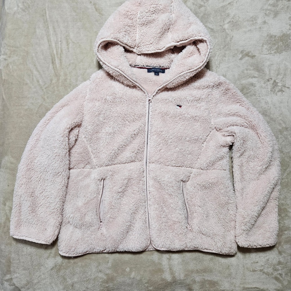 Tommy Hilfiger Womens XL Sherpa Fleece Full Zip Hooded Jacket Blush Pink Soft